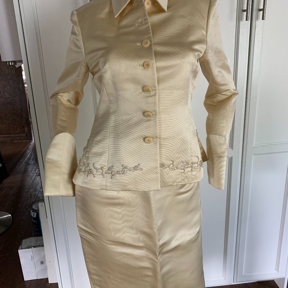 jones ny 6 satin creamy ivory goldish jacket skirt - Picture 1 of 6